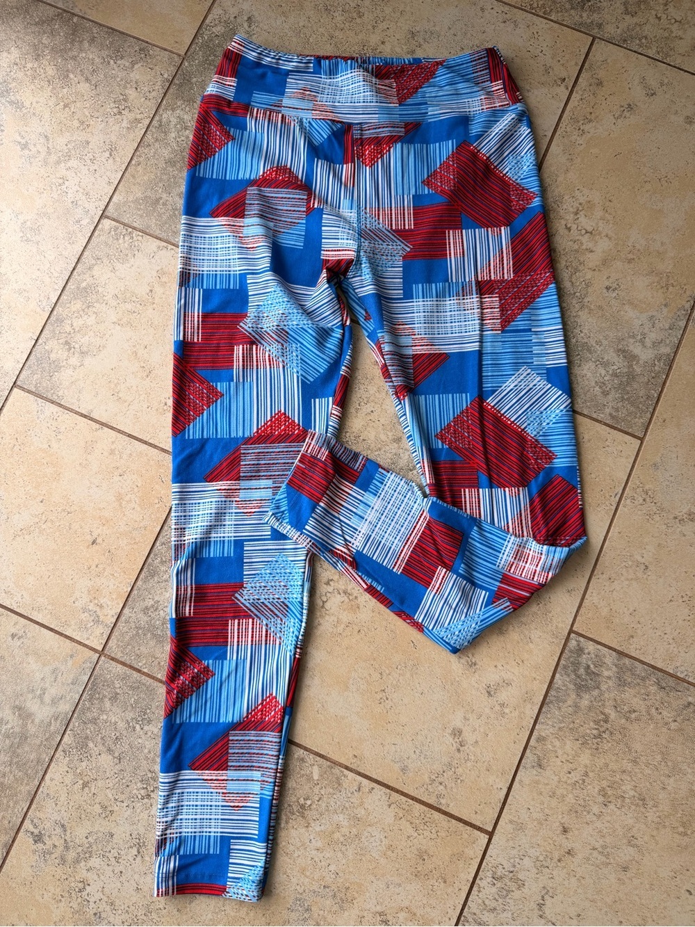 LuLaRoe One Size Leggings Blue Red White Geometric Abstract Americana